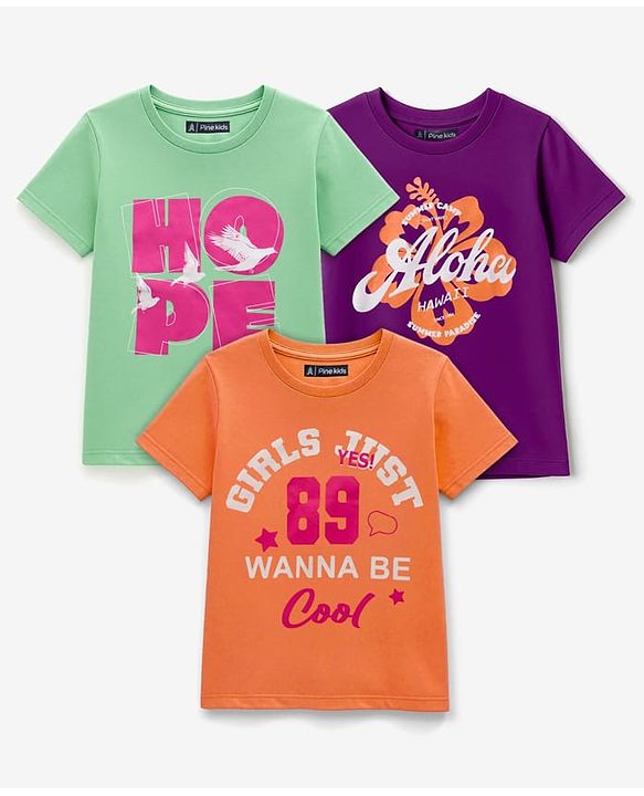 Pine Kids Cotton Knit Half Sleeves Text Printed T-Shirts Pack of 3 - Orange Violet & Green