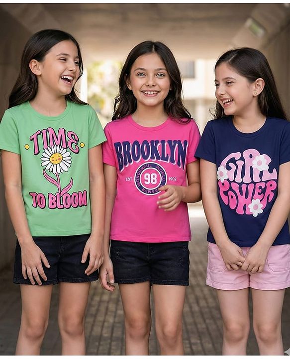 Pine Kids Cotton Knit Half Sleeves T-Shirts with Text Print Pack of 3 - Navy Blue Pink & Green