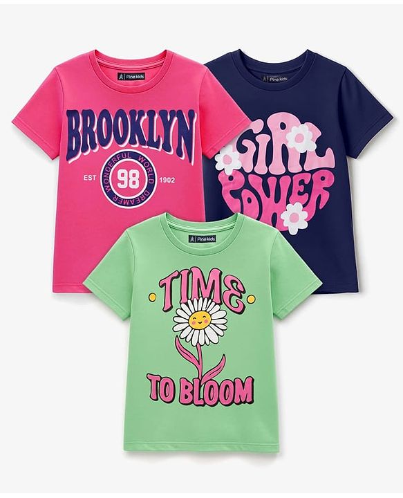 Pine Kids Cotton Knit Half Sleeves T-Shirts with Text Print Pack of 3 - Navy Blue Pink & Green