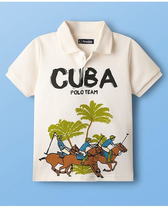 Pine Kids Cotton Knit Half sleeves Polo T-Shirt with Horse & Cuba Text Print - White