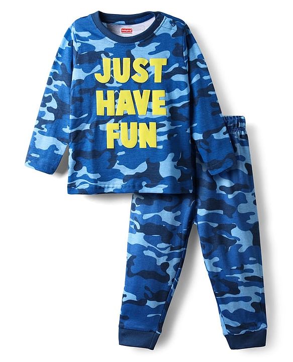 Babyhug Cotton Knit Full Sleeves Co-Ord Night Suit With Text & Camouflage Print - Blue