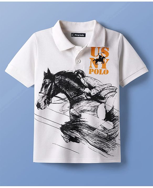 Pine Kids Cotton Knit Half Sleeves Polo T-Shirt with Polo Print - White