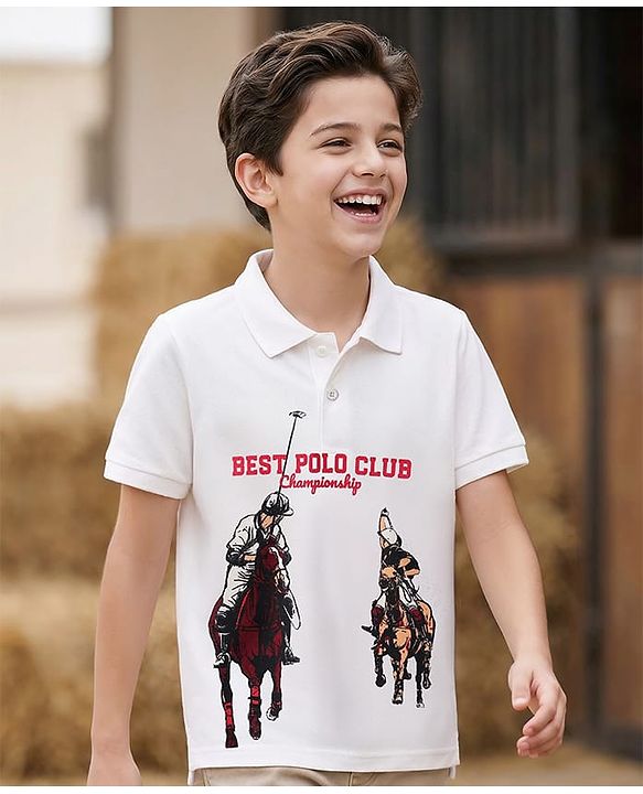 Pine Kids Cotton Knit Half Sleeves Polo T-Shirt with Polo Print - White