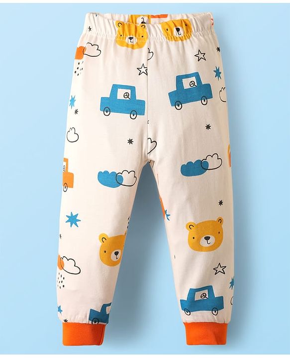 Babyhug Cotton Knit Full Sleeves Co-Ord Night Suit with Vehicle Print - White