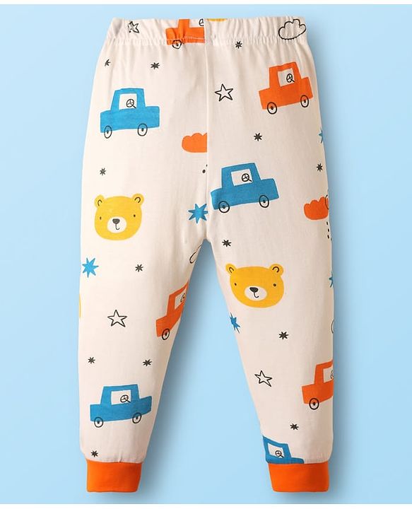 Babyhug Cotton Knit Full Sleeves Co-Ord Night Suit with Vehicle Print - White
