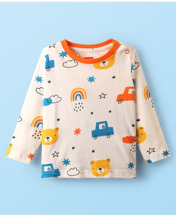 Babyhug Cotton Knit Full Sleeves Co-Ord Night Suit with Vehicle Print - White