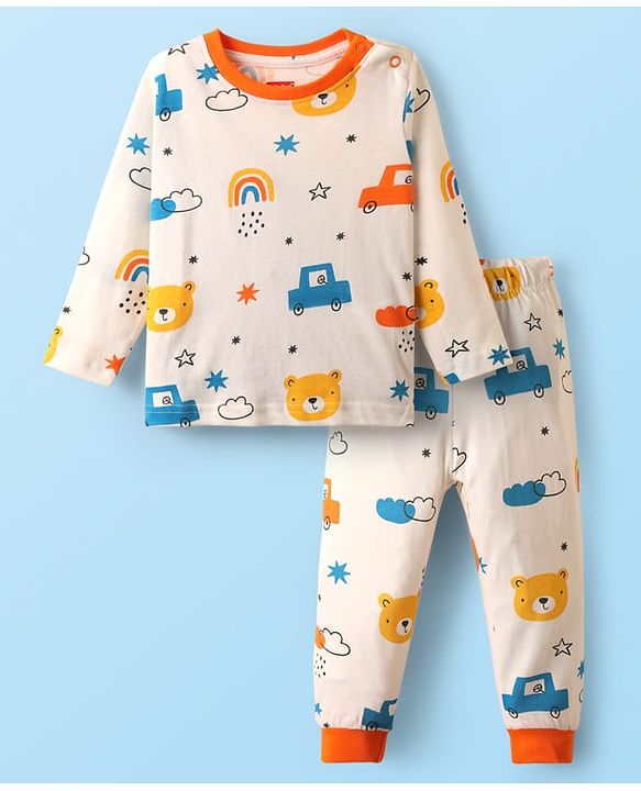 Babyhug Cotton Knit Full Sleeves Co-Ord Night Suit with Vehicle Print - White