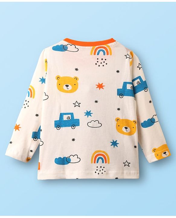 Babyhug Cotton Knit Full Sleeves Co-Ord Night Suit with Vehicle Print - White