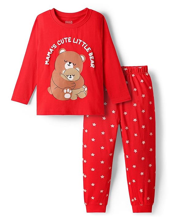 Babyhug Cotton Knit Full Sleeves Night Suit With Animal & Star Print - Red