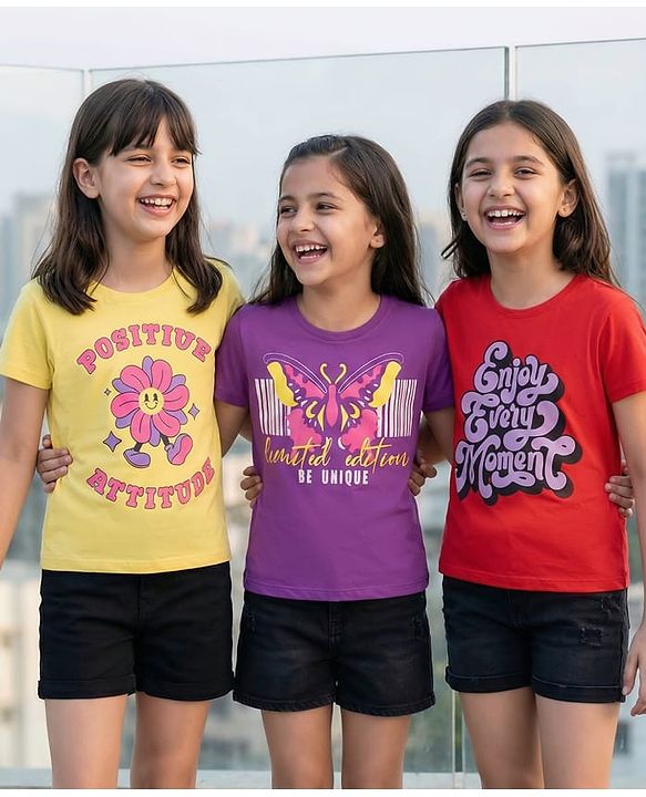 Pine Kids Cotton Knit Half Sleeves T-Shirts with Text Print Pack of 3 - Yellow Red & Purple