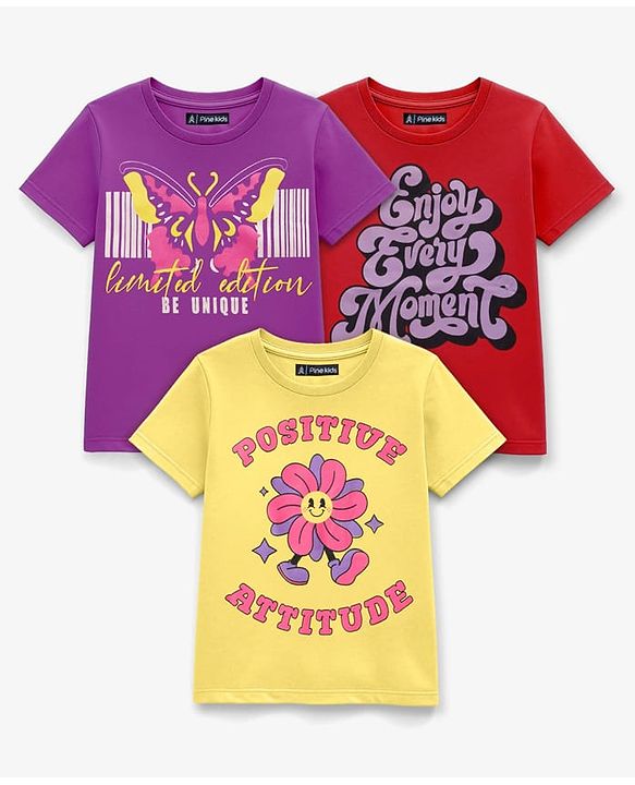Pine Kids Cotton Knit Half Sleeves T-Shirts with Text Print Pack of 3 - Yellow Red & Purple