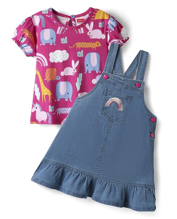 Babyhug Cotton Knit Frock & Half Sleeves Inner Tee With Animal Print & Rainbow Embroidery - Blue & Pink