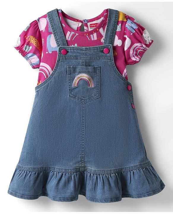 Babyhug Cotton Knit Frock & Half Sleeves Inner Tee With Animal Print & Rainbow Embroidery - Blue & Pink