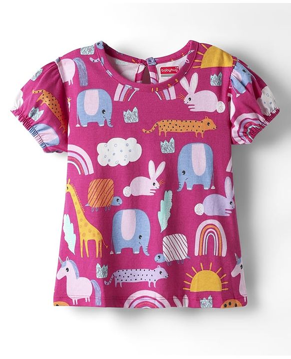 Babyhug Cotton Knit Frock & Half Sleeves Inner Tee With Animal Print & Rainbow Embroidery - Blue & Pink