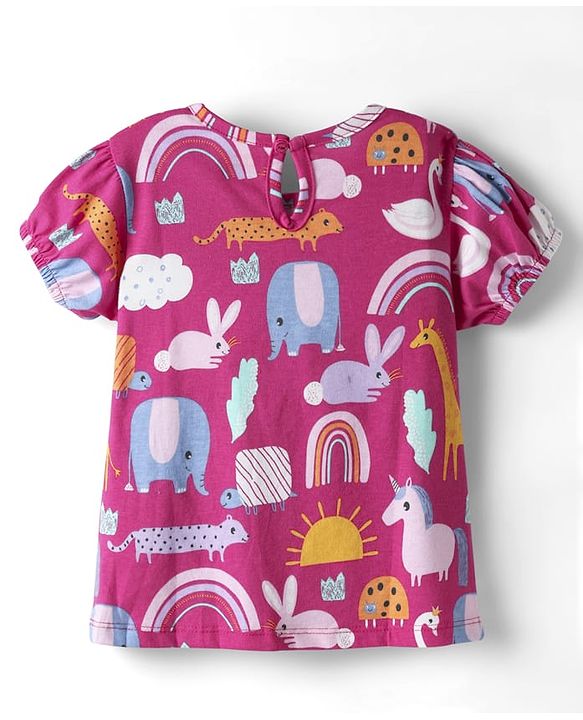 Babyhug Cotton Knit Frock & Half Sleeves Inner Tee With Animal Print & Rainbow Embroidery - Blue & Pink