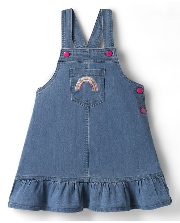 Babyhug Cotton Knit Frock & Half Sleeves Inner Tee With Animal Print & Rainbow Embroidery - Blue & Pink