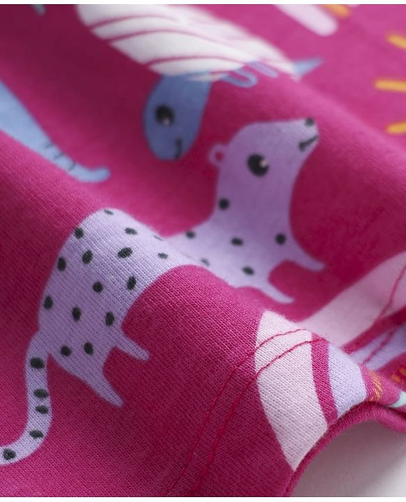 Babyhug Cotton Knit Frock & Half Sleeves Inner Tee With Animal Print & Rainbow Embroidery - Blue & Pink