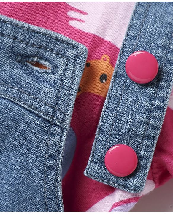 Babyhug Cotton Knit Frock & Half Sleeves Inner Tee With Animal Print & Rainbow Embroidery - Blue & Pink
