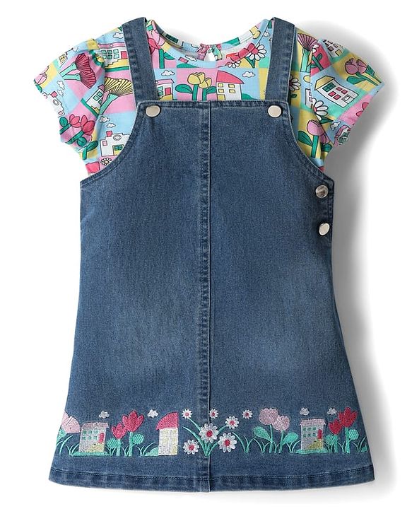 Babyhug Cotton Knit Half Sleeves Floral Printed Frock With Inner Tee - Blue