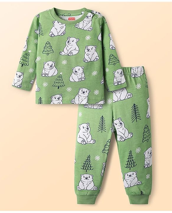 Babyhug Cotton Knit Full Sleeves Co-Ords Night Suit With Bear Print - Green