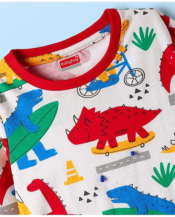 Babyhug Cotton Knit Full Sleeves Co-ords Night Suit With Dino Print - White