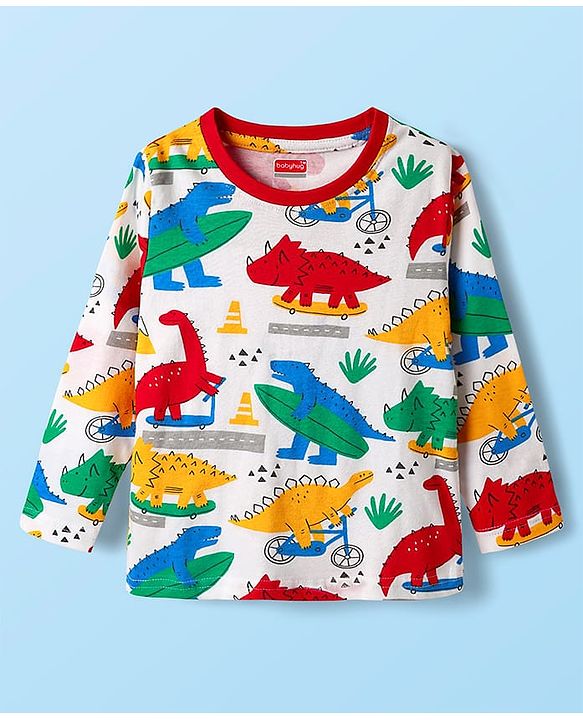 Babyhug Cotton Knit Full Sleeves Co-ords Night Suit With Dino Print - White