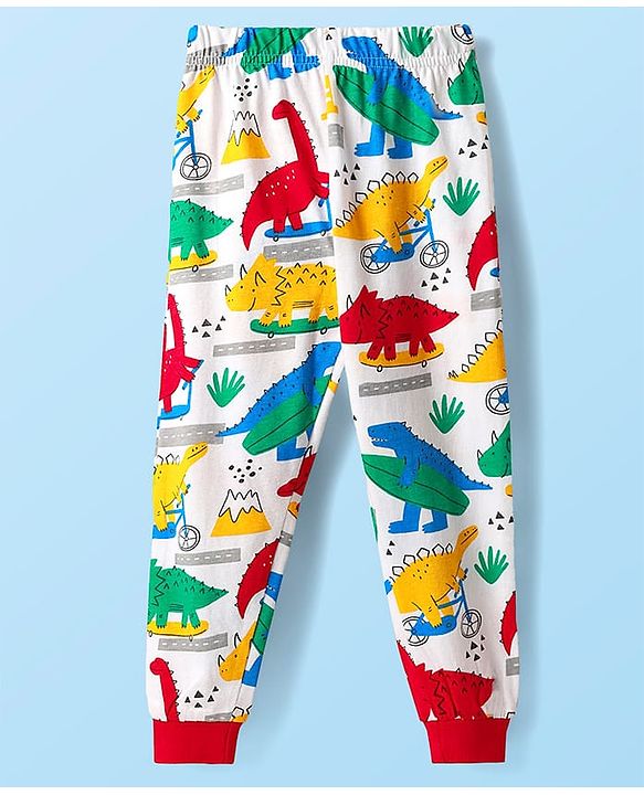 Babyhug Cotton Knit Full Sleeves Co-ords Night Suit With Dino Print - White