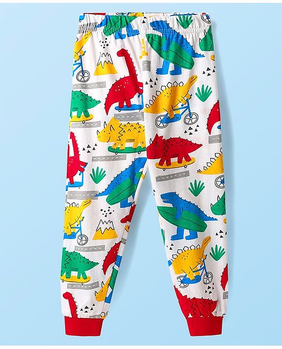 Babyhug Cotton Knit Full Sleeves Co-ords Night Suit With Dino Print - White