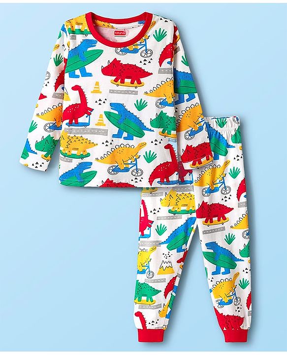 Babyhug Cotton Knit Full Sleeves Co-ords Night Suit With Dino Print - White