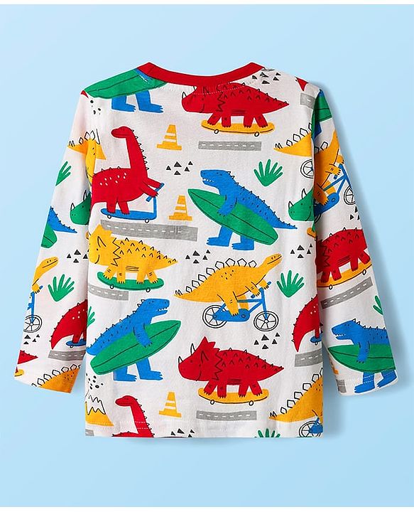Babyhug Cotton Knit Full Sleeves Co-ords Night Suit With Dino Print - White