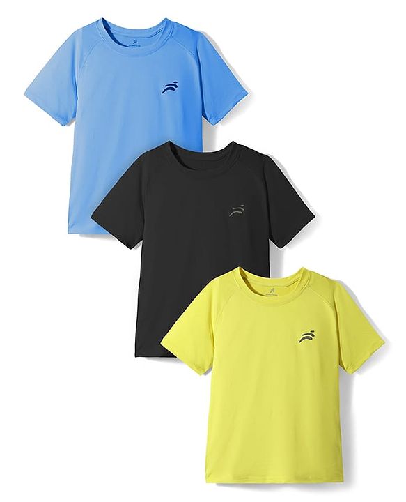 Pine Active Knit Half Raglan Sleeves Solid Color T-Shirts Pack of 3 - Black Blue & Neon Green