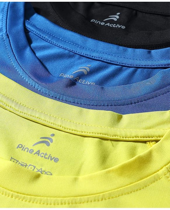 Pine Active Knit Half Raglan Sleeves Solid Color T-Shirts Pack of 3 - Black Blue & Neon Green