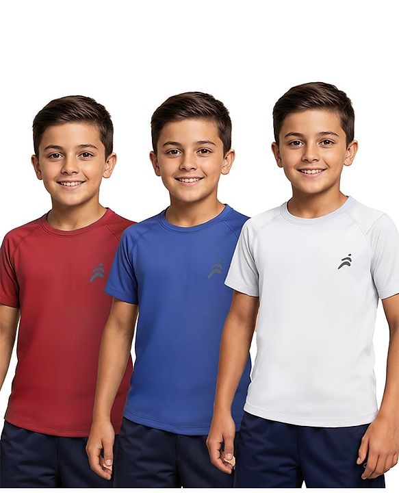 Pine Active Knit Half Raglan Sleeves Solid Color T-Shirts Pack of 3 - White Blue & Red