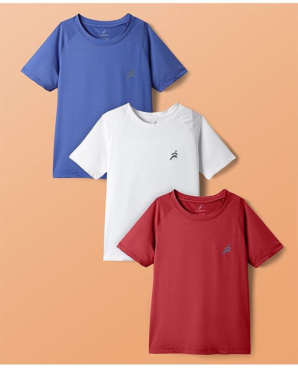 Pine Active Knit Half Raglan Sleeves Solid Color T-Shirts Pack of 3 - White Blue & Red