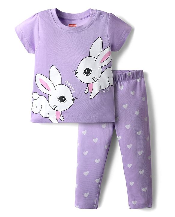 Babyhug 100% Cotton Knit Half Sleeves Night Suit With Animal & Heart Print - Lavender