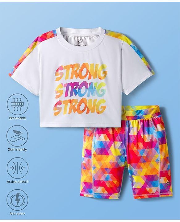Pine Active Knit Half Sleeves T-Shirt & Shorts Set Text Print - White & Multicolor