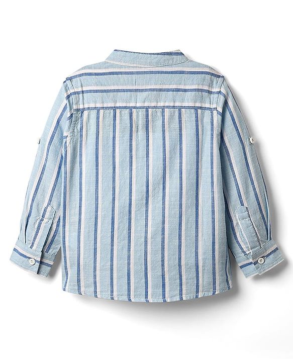 Babyhug 100% Cotton Full Sleeves Striped Shirt With Mandarin Collar - Light Blue