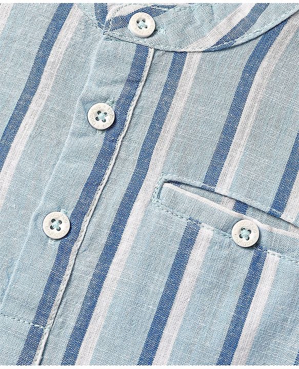 Babyhug 100% Cotton Full Sleeves Striped Shirt With Mandarin Collar - Light Blue