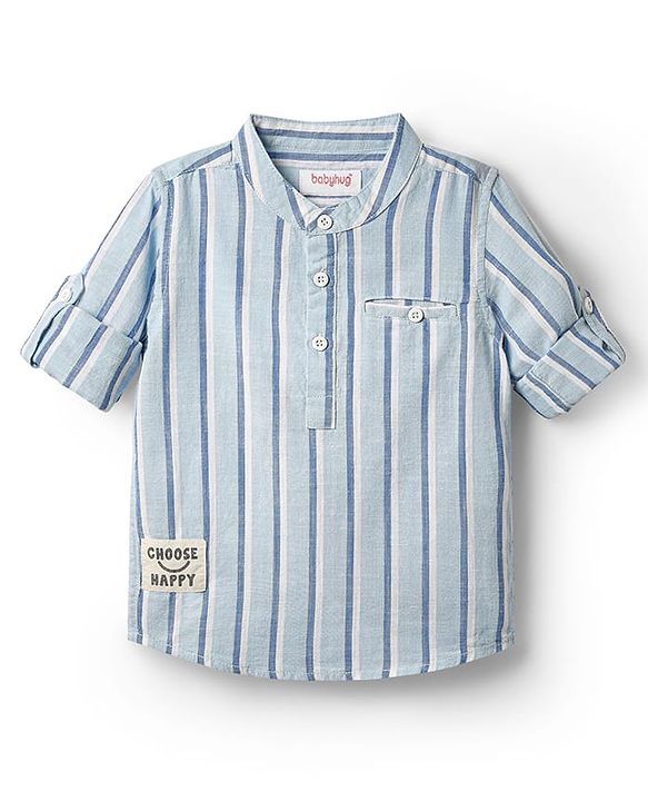 Babyhug 100% Cotton Full Sleeves Striped Shirt With Mandarin Collar - Light Blue