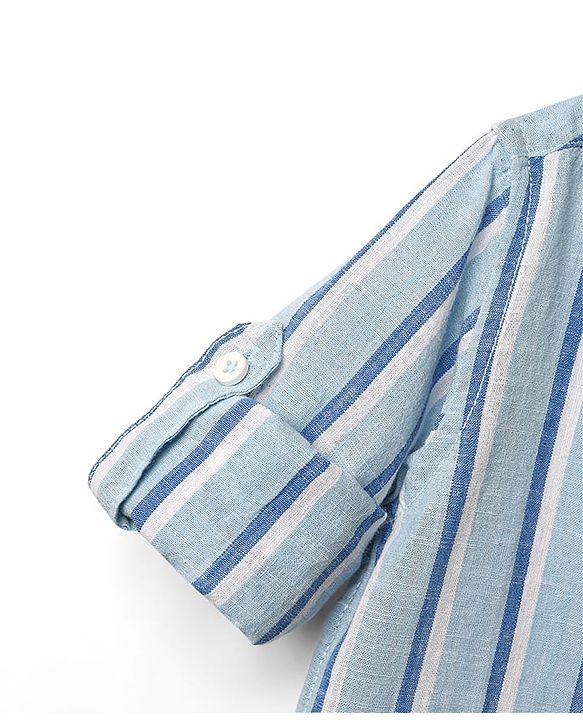 Babyhug 100% Cotton Full Sleeves Striped Shirt With Mandarin Collar - Light Blue