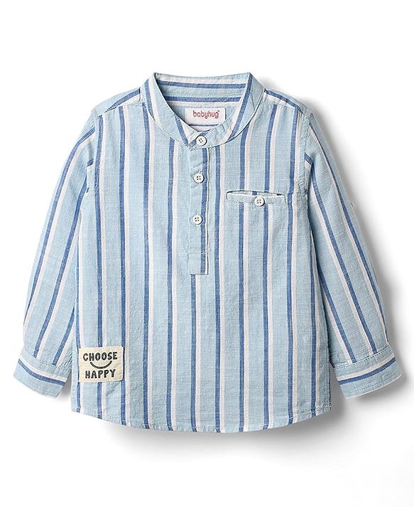 Babyhug 100% Cotton Full Sleeves Striped Shirt With Mandarin Collar - Light Blue