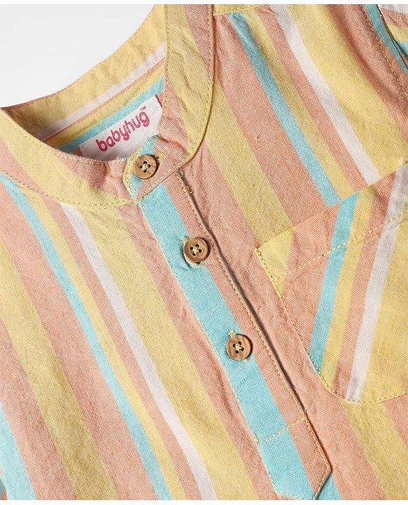 Babyhug 100% Cotton Half Sleeves Striped Shirt With Mandarin Collar - Multicolour