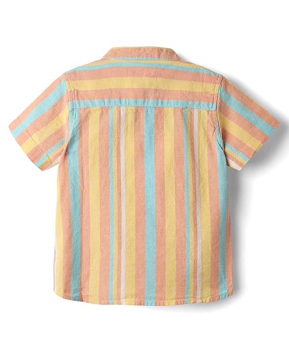 Babyhug 100% Cotton Half Sleeves Striped Shirt With Mandarin Collar - Multicolour