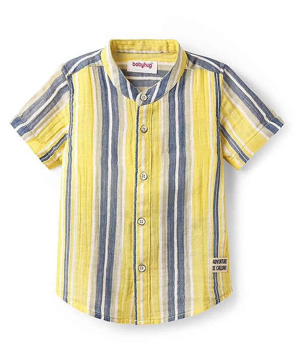 Babyhug 100% Cotton Half Sleeves Striped Shirt With Mandarin Collar - Yellow & Grey