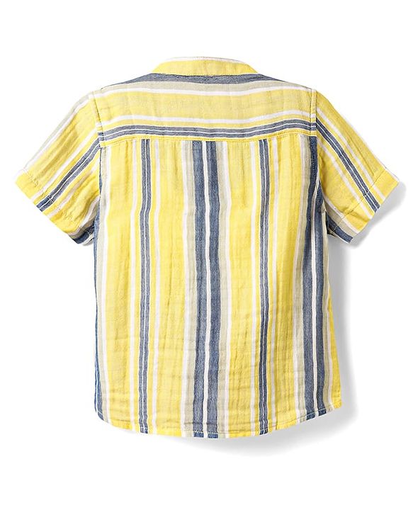 Babyhug 100% Cotton Half Sleeves Striped Shirt With Mandarin Collar - Yellow & Grey