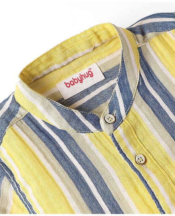 Babyhug 100% Cotton Half Sleeves Striped Shirt With Mandarin Collar - Yellow & Grey