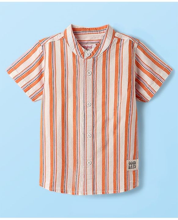 Babyhug 100% Cotton Half Sleeves Striped Shirt With Mandarin Collar - Orange & Pink