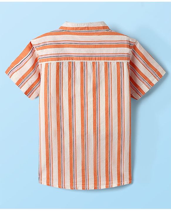 Babyhug 100% Cotton Half Sleeves Striped Shirt With Mandarin Collar - Orange & Pink