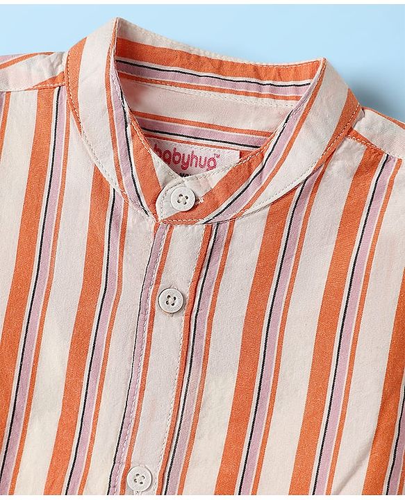Babyhug 100% Cotton Half Sleeves Striped Shirt With Mandarin Collar - Orange & Pink