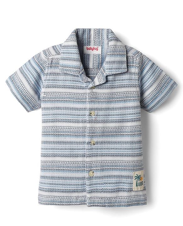 Babyhug Cotton Woven Half Sleeves Striped Shirt with Beach Patch - Light Blue